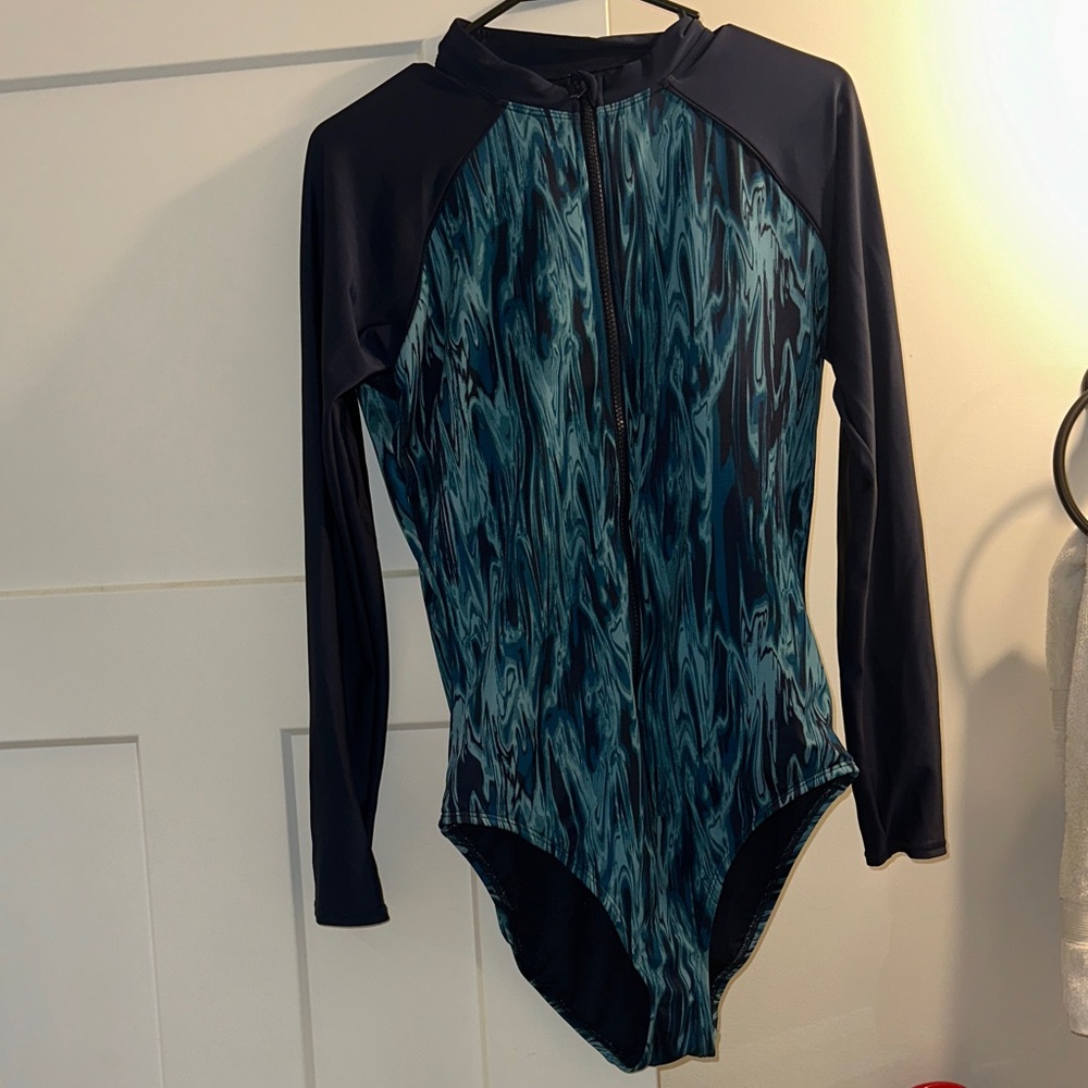 all in motion Navy and Teal Zip-Front Long Sleeve Swimsuit